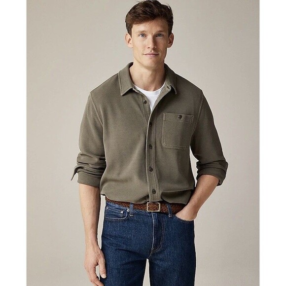 J Crew Cotton Waffle Knit Shirt Mens Sz M Olive Green Button Front Casual Preppy - Picture 1 of 14